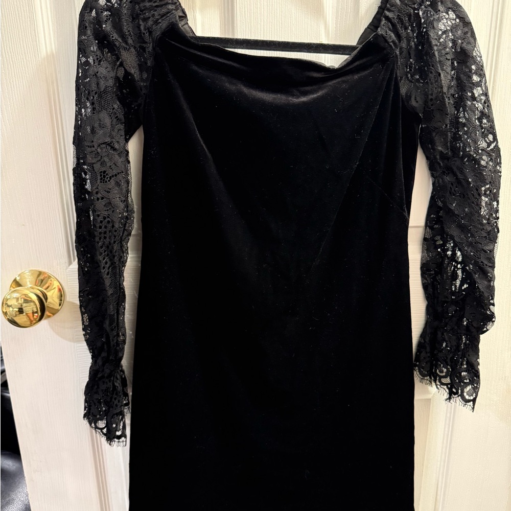 White House Black Market Black Velvet Dress with Lace Sleeves